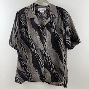 Donnkenny Brown Animal Print Button Down Shirt Blouse Short Sleeve Sz Large